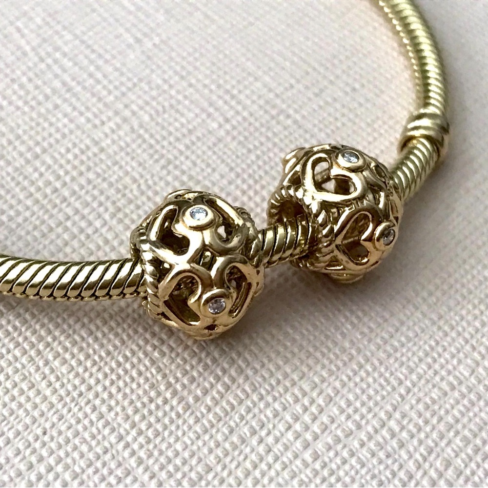 2 Pandora 14k Openwork Heart Charms with diamonds